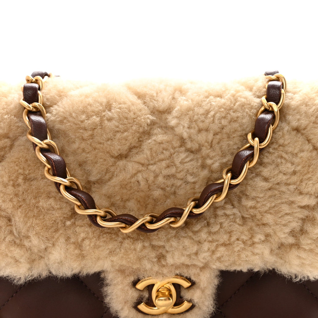 Chanel Shearling Lambskin Quilted Mini Furry Coco Flap Beige Dark Brown