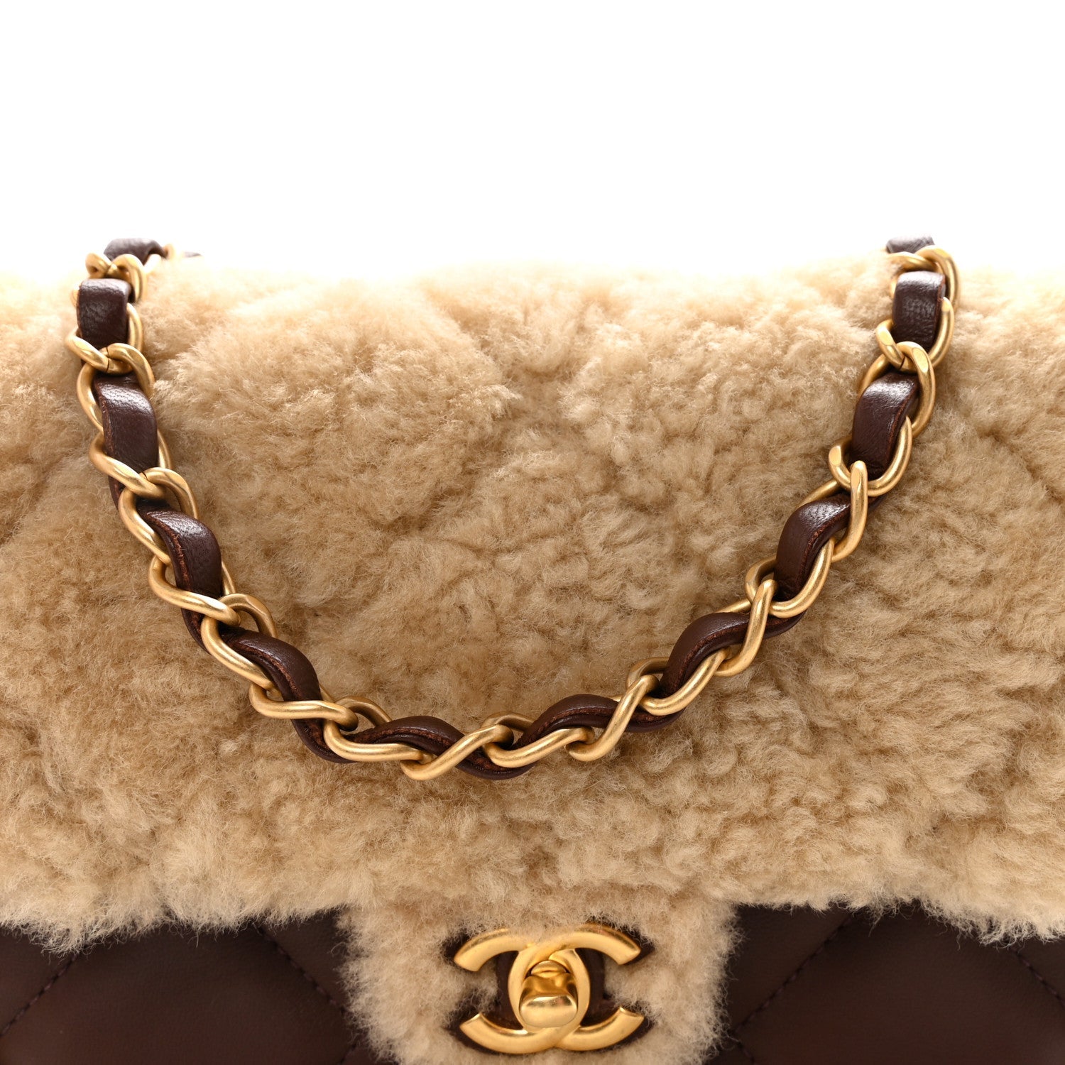Chanel Shearling Lambskin Quilted Mini Furry Coco Flap Beige Dark Brown