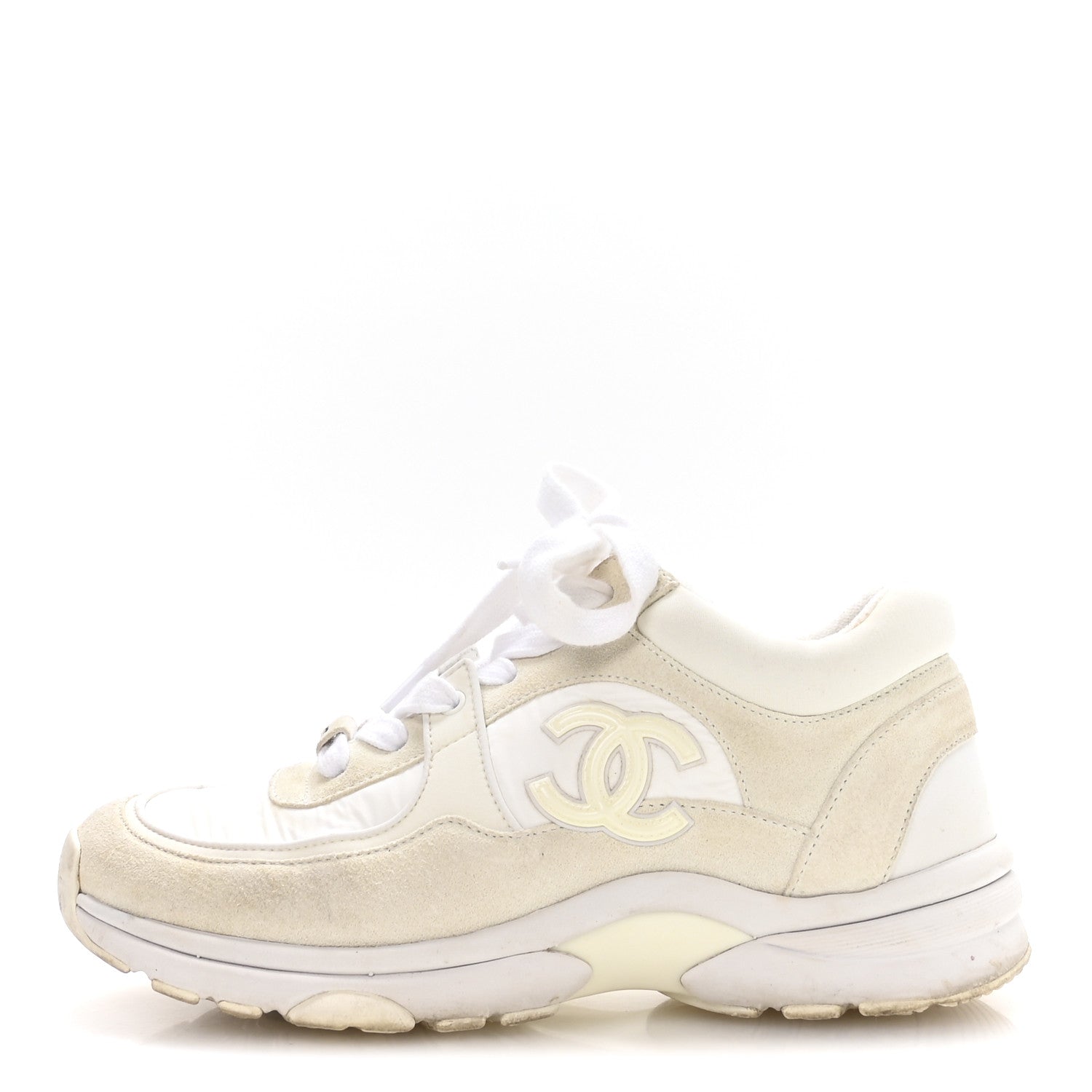 Chanel Suede Calfskin Fabric CC Sneakers 36 White