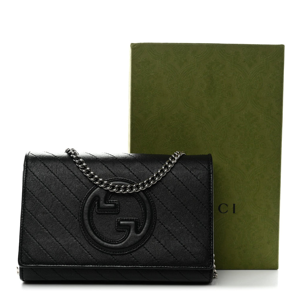 Gucci Sakai Be Green Calfskin Diagonal Stitched Blondie Wallet on Chain Black
