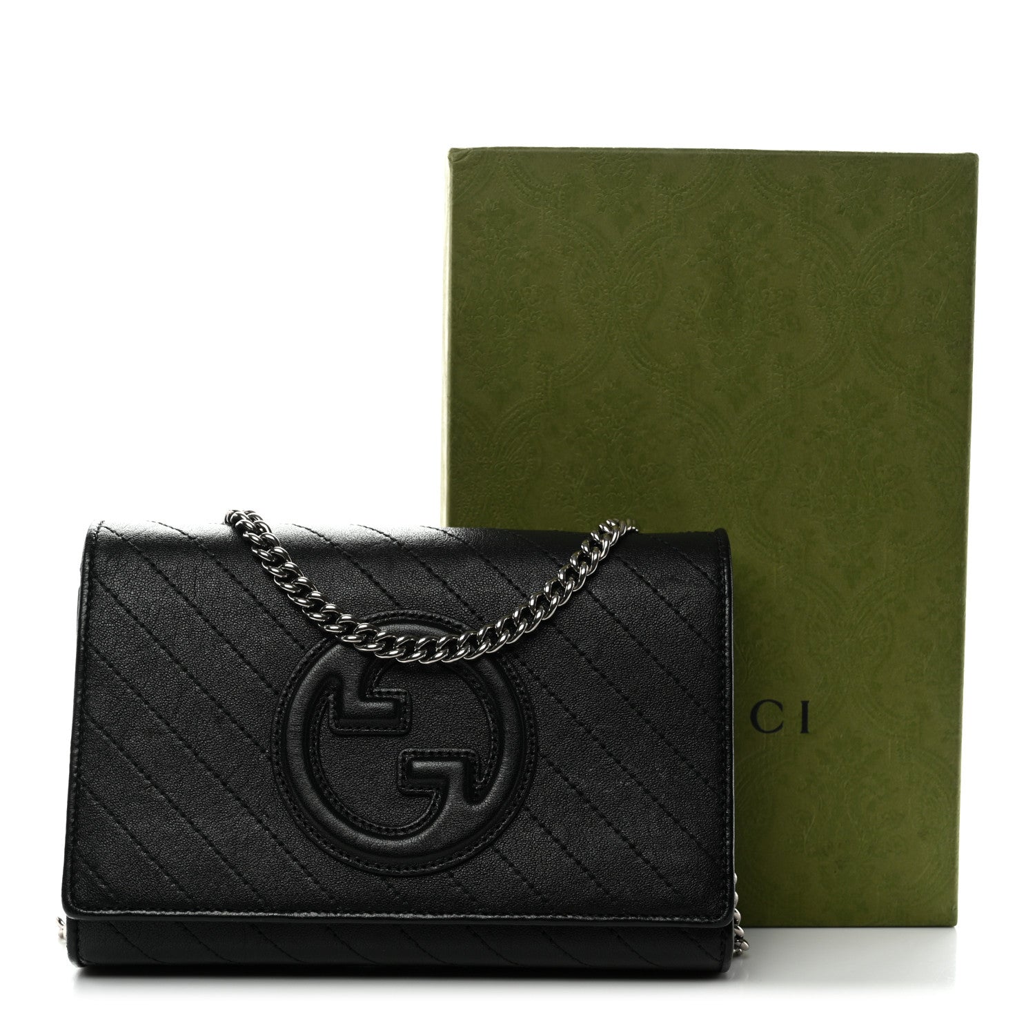 Gucci Sakai Be Green Calfskin Diagonal Stitched Blondie Wallet on Chain Black