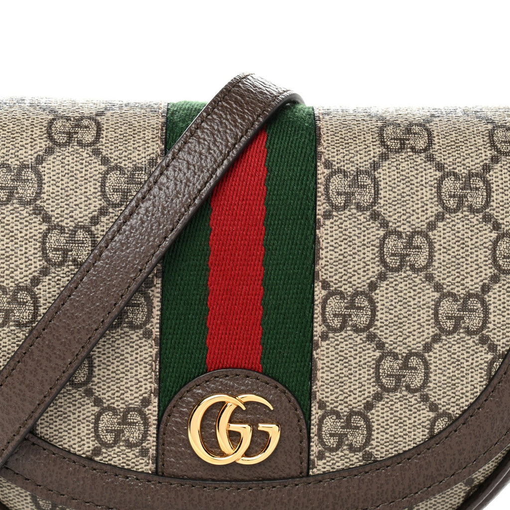 Gucci GG Supreme Monogram Textured Dollar Calfskin Web Mini Ophidia Flap Shoulder Bag Beige Ebony New Acero