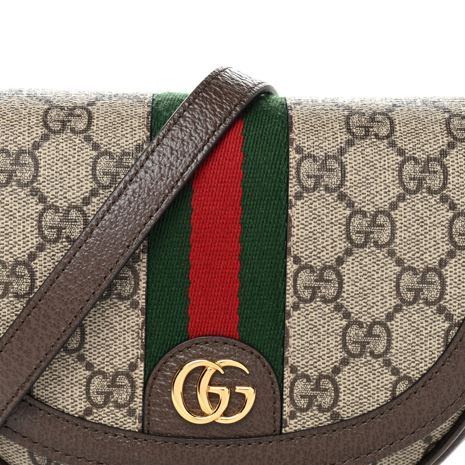 Gucci GG Supreme Monogram Textured Dollar Calfskin Web Mini Ophidia Flap Shoulder Bag Beige Ebony New Acero