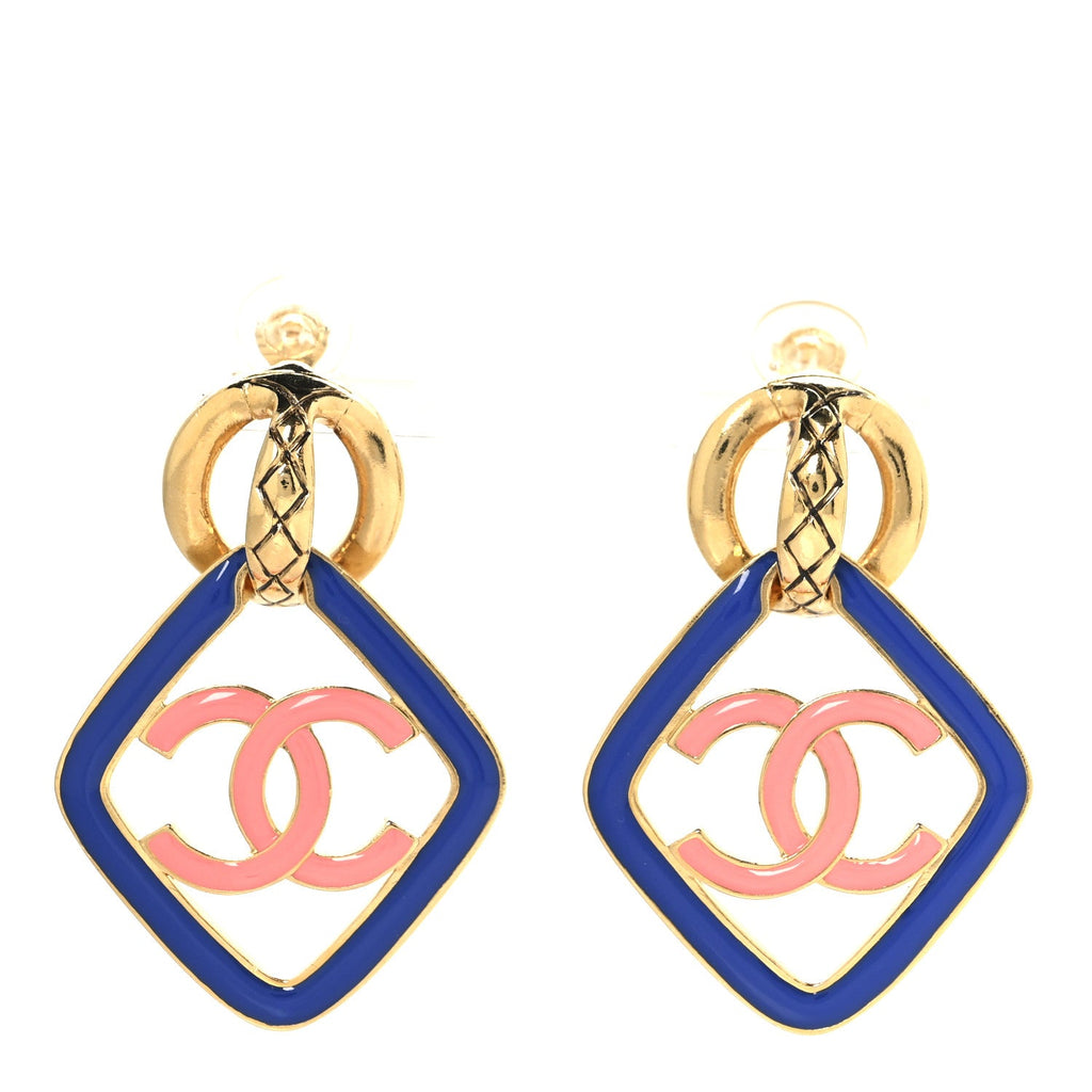 Metal Enamel Quilted CC Drop Earrings Gold Blue Pink