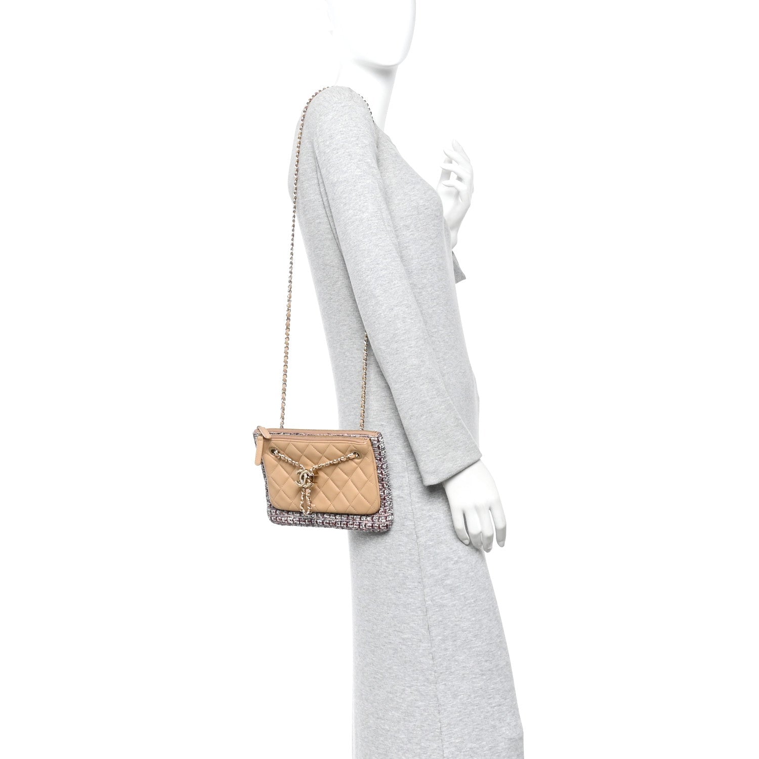 Chanel Tweed Lambskin Quilted Pouch Beige Multicolor