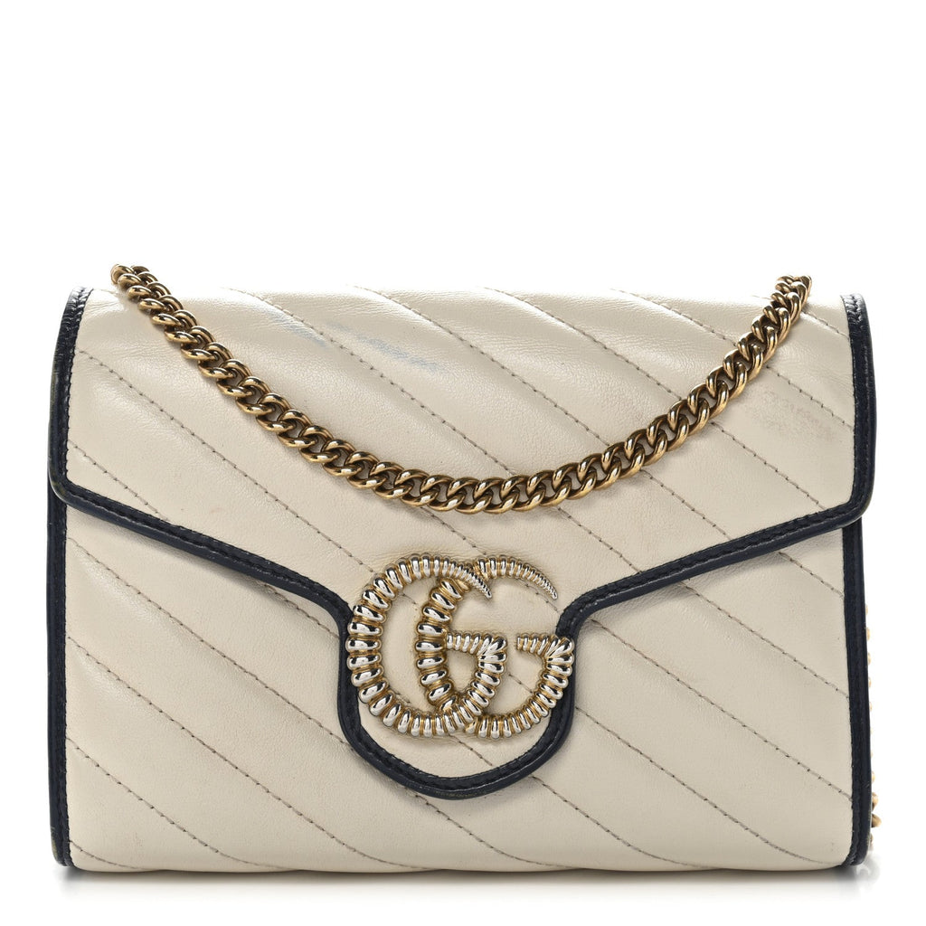 Gucci Vintage Effect Calfskin Matelasse Diagonal Torchon GG Marmont Chain Wallet Mystic White Blue Agata