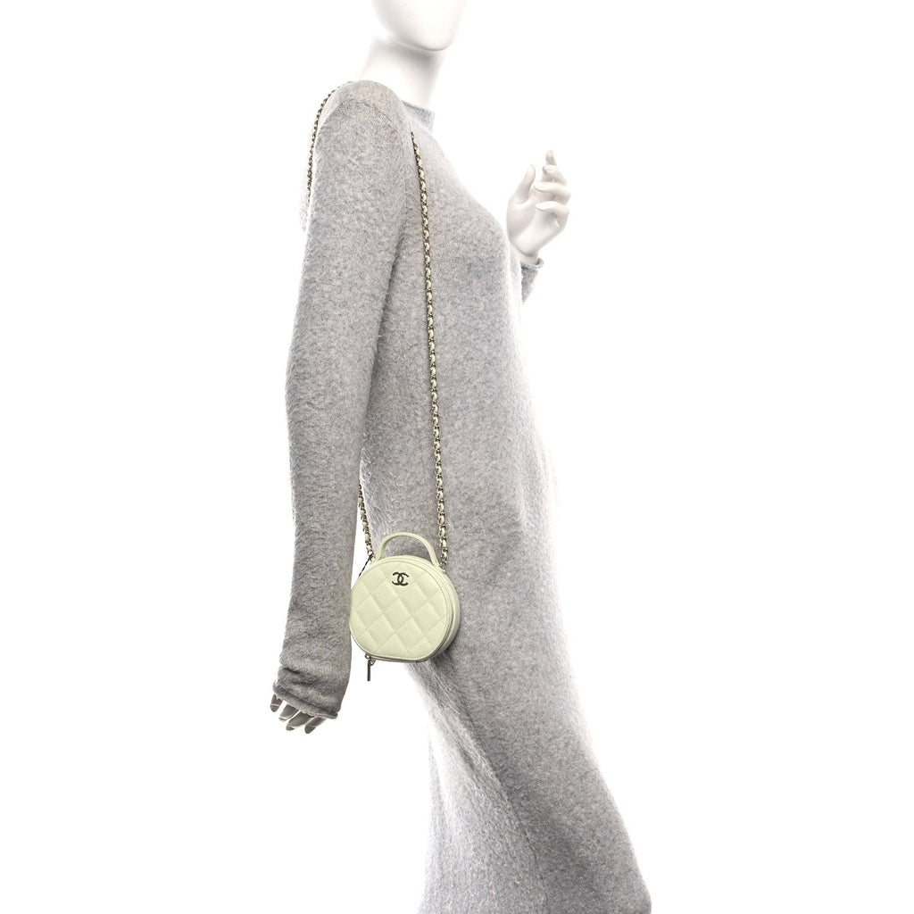 Chanel Caviar Quilted Round Handle With Care Vanity With Chain Light Green