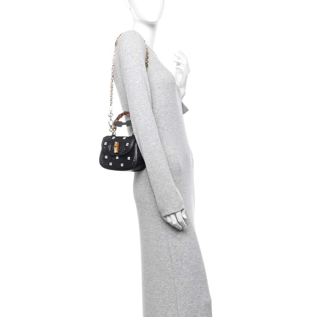 Gucci Sequin Lizard Embossed GG Mini Bamboo 1947 Top Handle Chain Bag Black White