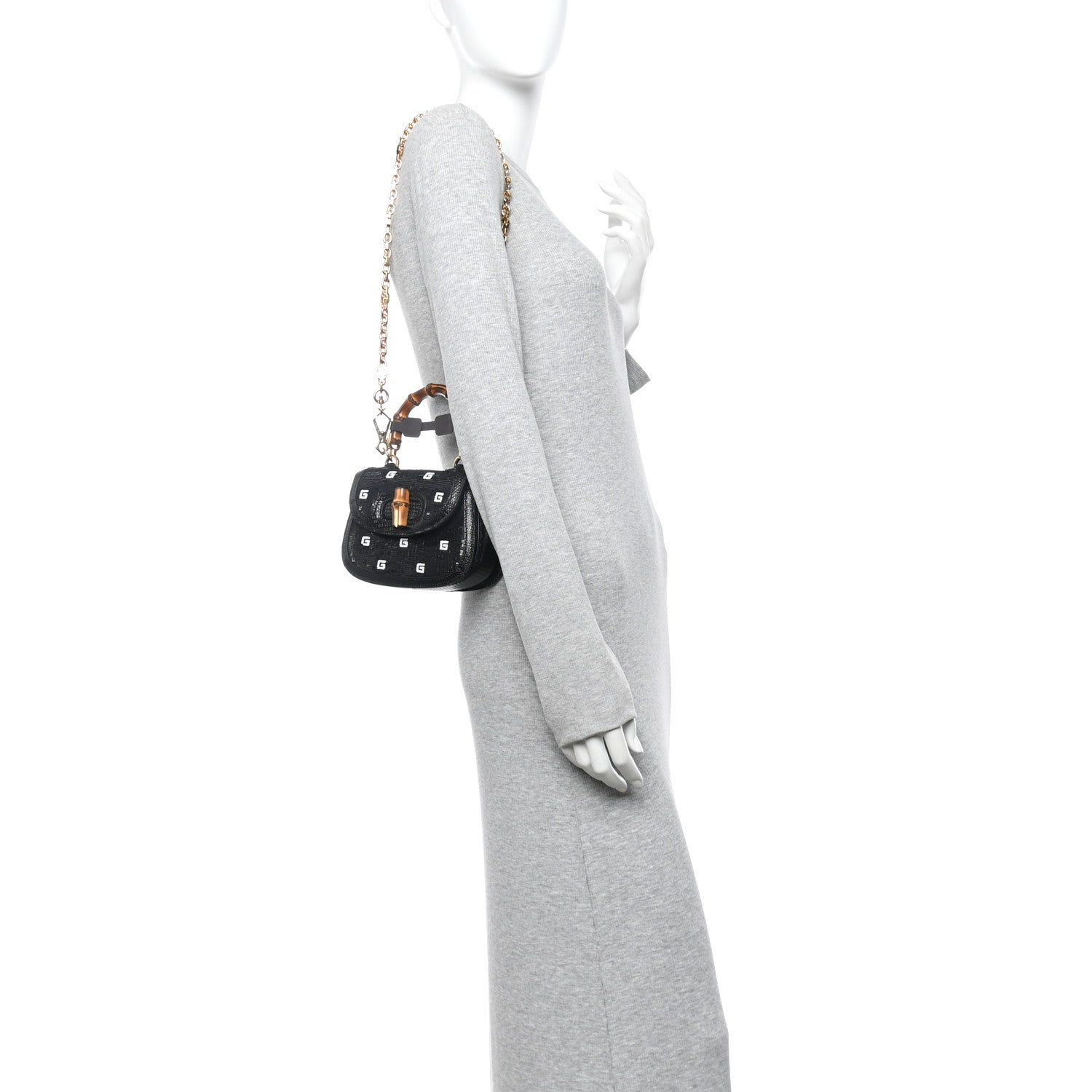 Gucci Sequin Lizard Embossed GG Mini Bamboo 1947 Top Handle Chain Bag Black White