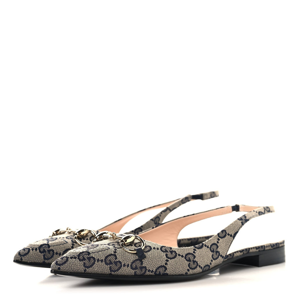 Gucci Monogram Horsebit Womens Slingback Ballet Flat 37.5 Beige Blue