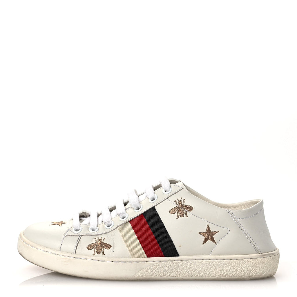 Gucci Calfskin Bee Star Embroidered Sylvie Web Ace Sneakers 35.5 White