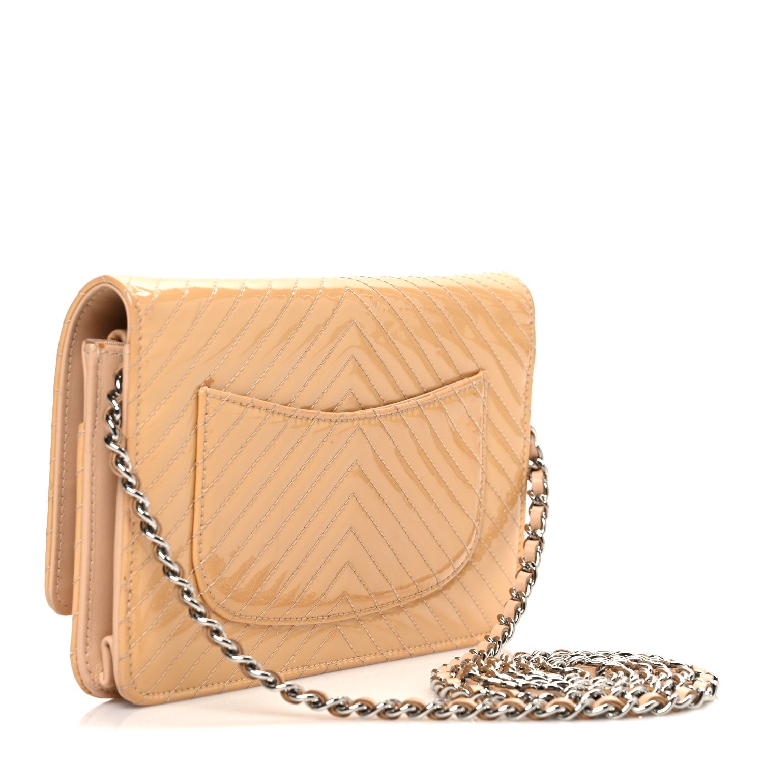 Chanel Patent Calfskin Chevron Quilted Wallet On Chain WOC Beige