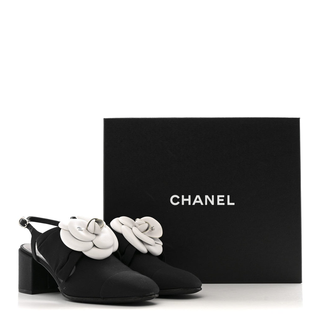 Grosgrain Lambskin Cap Toe Camellia Bow Slingback Pumps 37.5 Black
