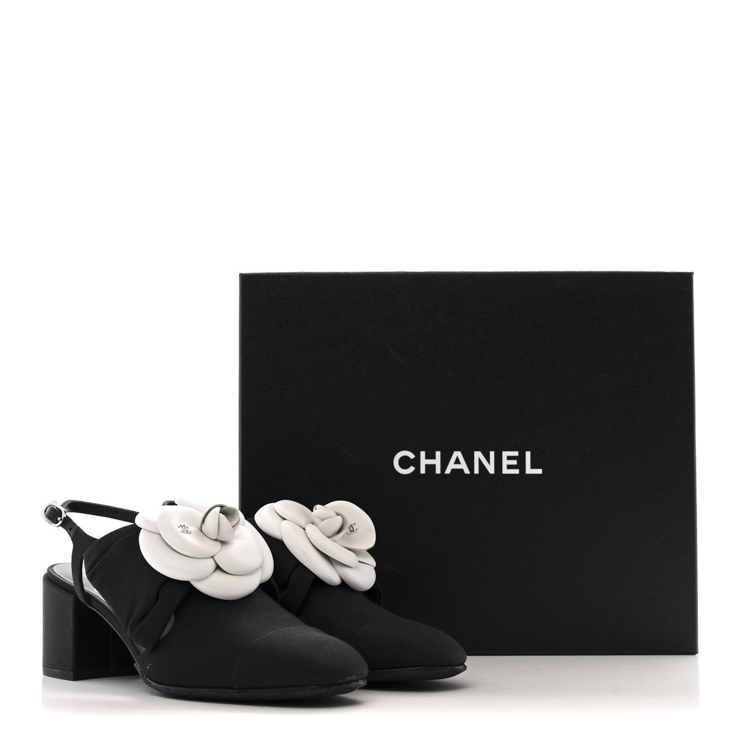 Grosgrain Lambskin Cap Toe Camellia Bow Slingback Pumps 37.5 Black