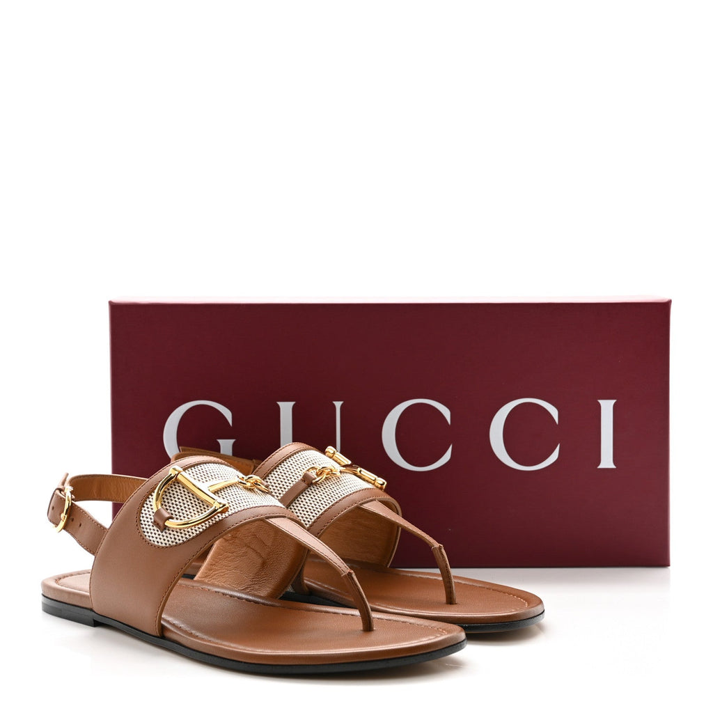 Gucci Calfskin Canvas Rice Horsebit Thong Sandals 37.5 Sundial Brown Natural