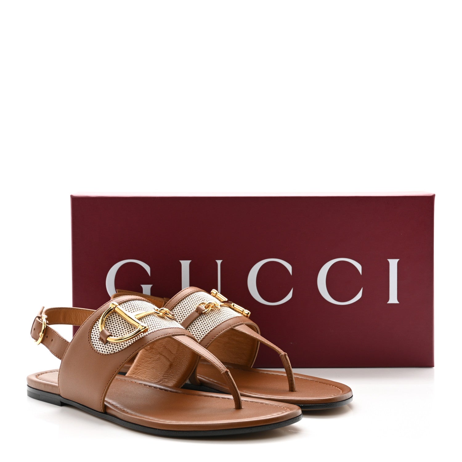 Gucci Calfskin Canvas Rice Horsebit Thong Sandals 37.5 Sundial Brown Natural