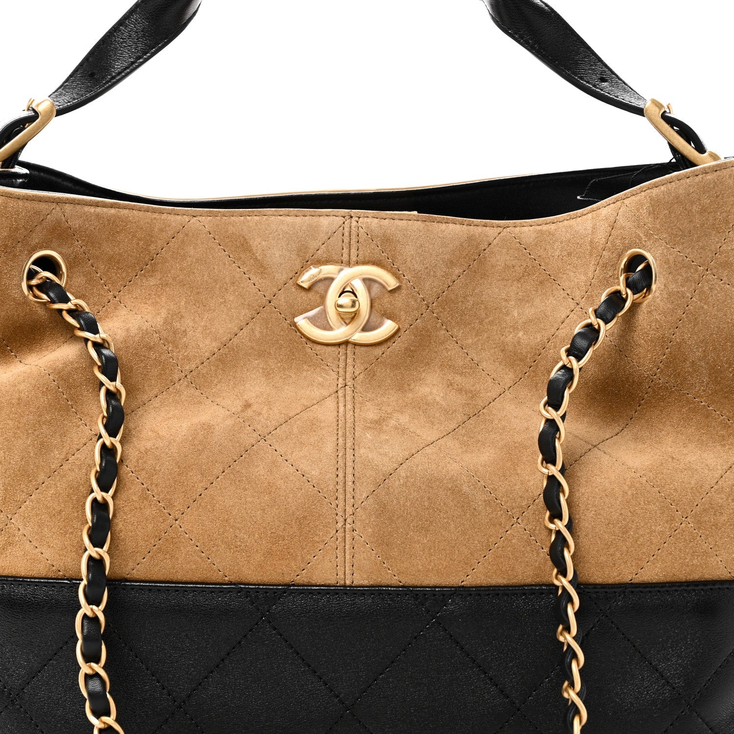 Chanel Suede Calfskin Shiny Lambskin Quilted Small Coco Base Shopping Bag Beige Black