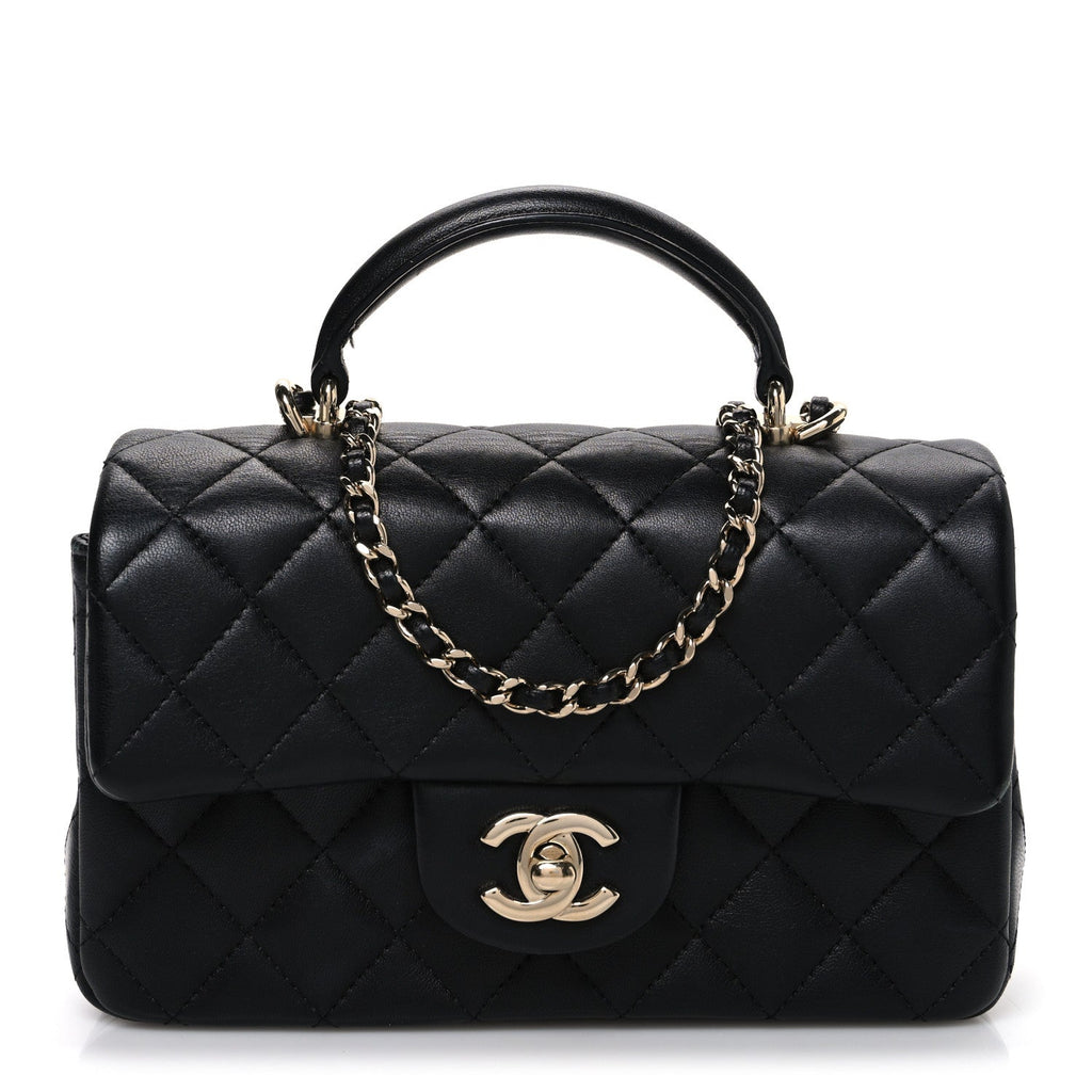 Chanel Lambskin Quilted Mini Top Handle Rectangular Flap Black
