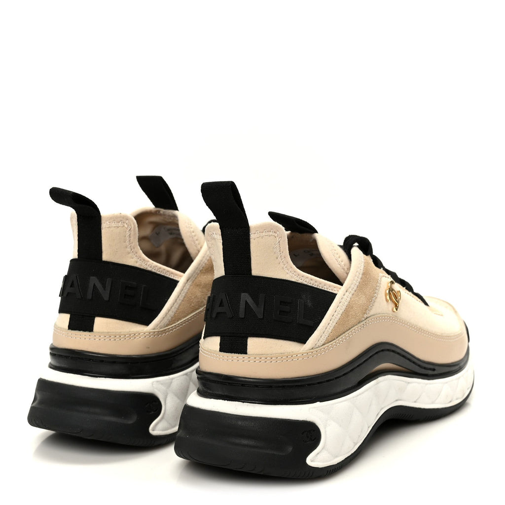Chanel Velvet Calfskin Mixed Fibers CC Sneakers 37.5 Beige
