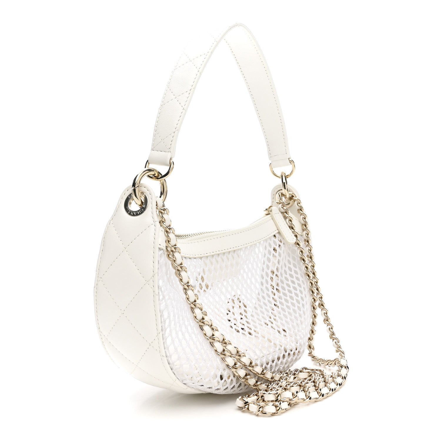 Chanel Mesh Shiny Lambskin Chain Hobo White