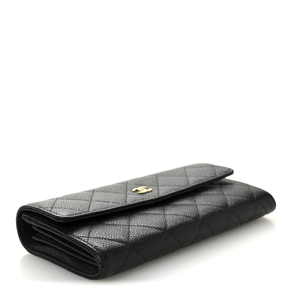 Caviar Quilted Large Gusset Flap Wallet Black