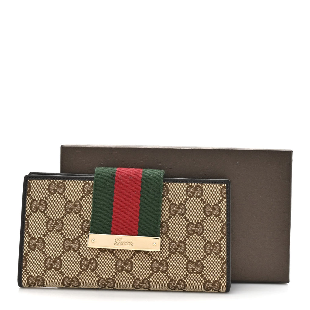 Gucci Monogram Calfskin Ladies Web Continental Wallet Beige Ebony Cocoa