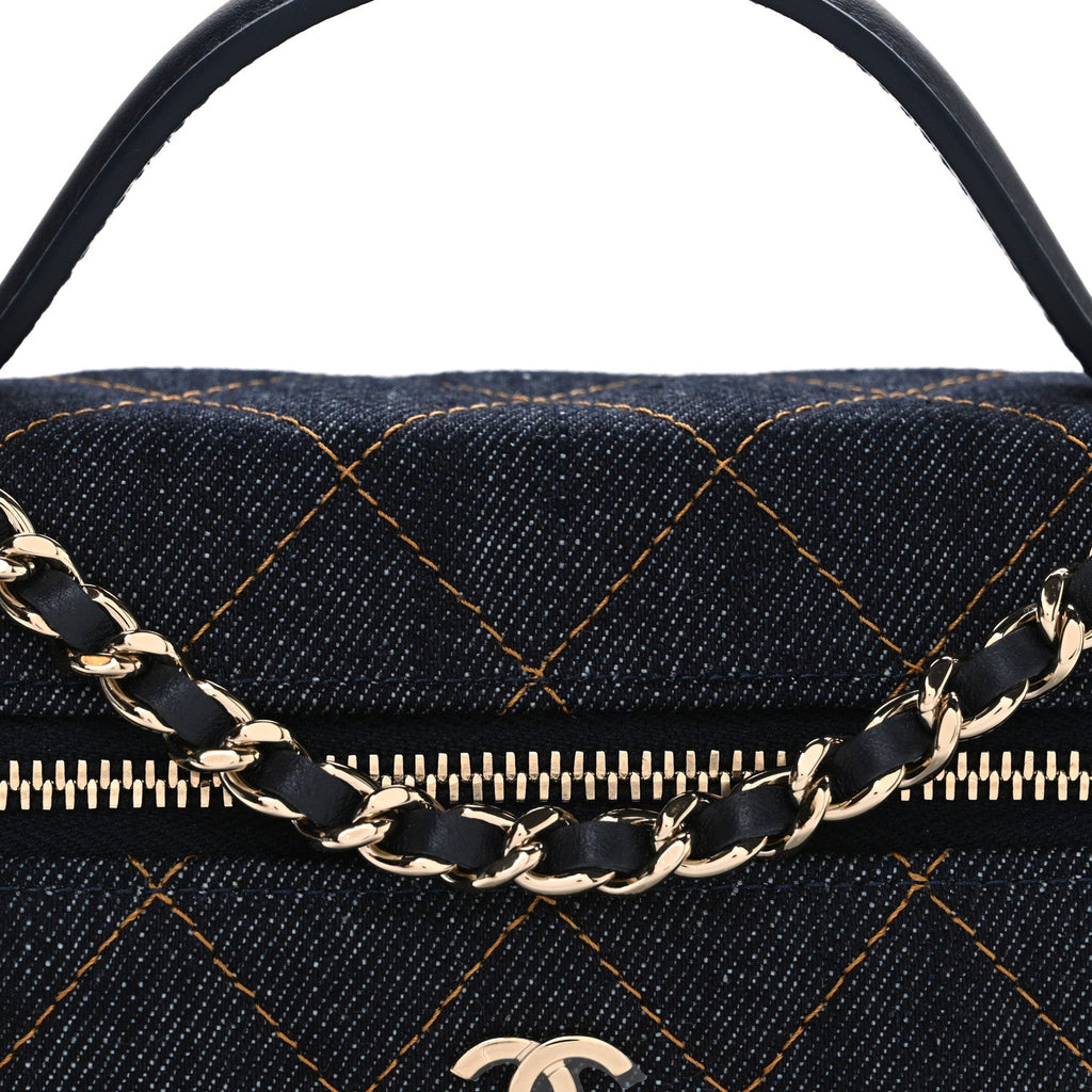 Chanel Denim Quilted Top Handle Slim Vanity Case With Chain Dark Blue Orange