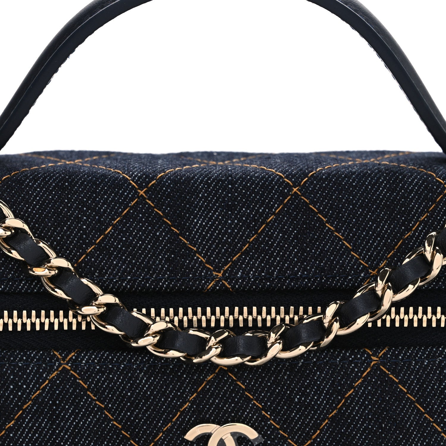 Chanel Denim Quilted Top Handle Slim Vanity Case With Chain Dark Blue Orange