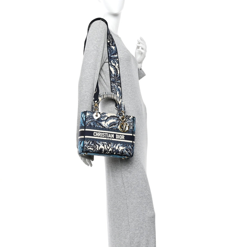 Christian Dior Canvas Embroidered Palm Tree Toile De Jouy Medium Lady D-Lite Blue