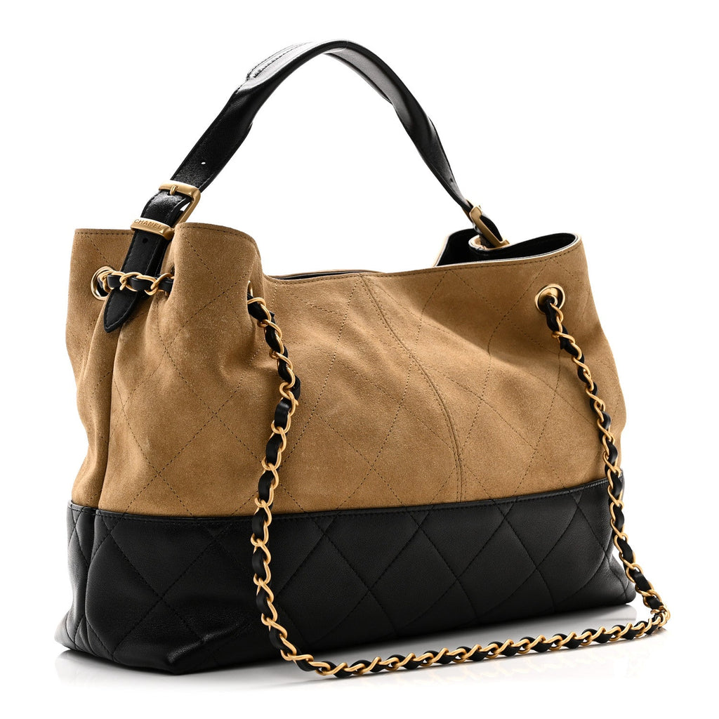 Chanel Suede Calfskin Shiny Lambskin Quilted Small Coco Base Shopping Bag Beige Black