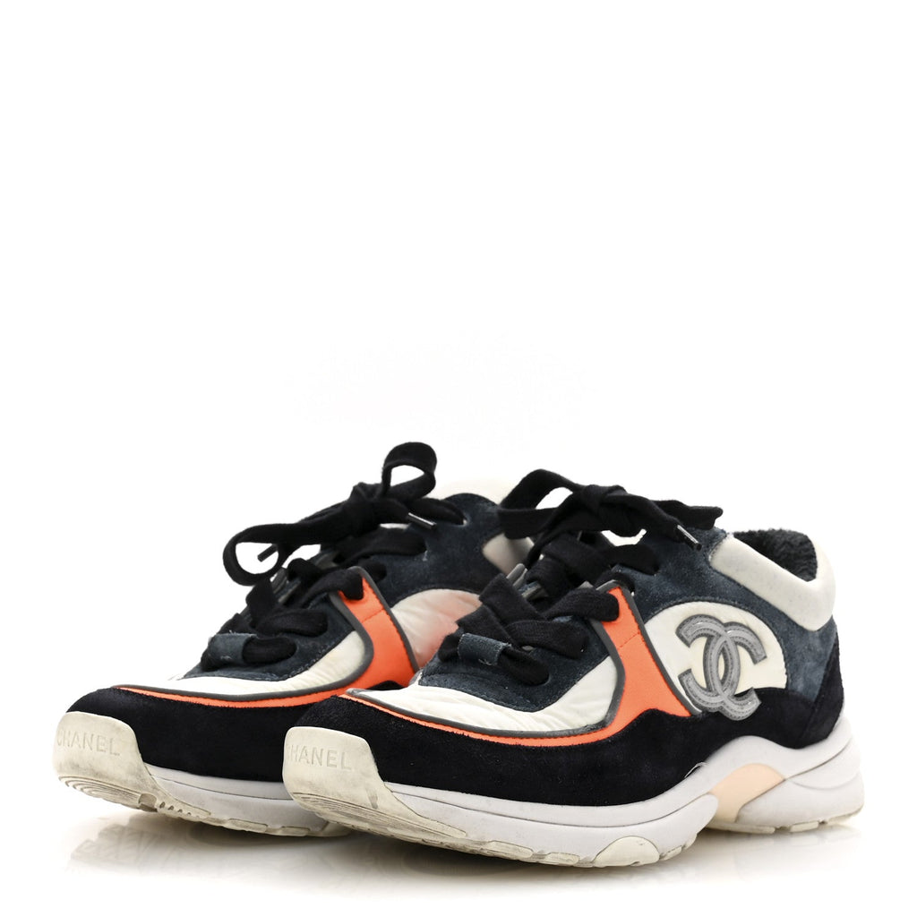 Nylon Calfskin Suede CC Womens Sneakers 35.5 Navy White Orange