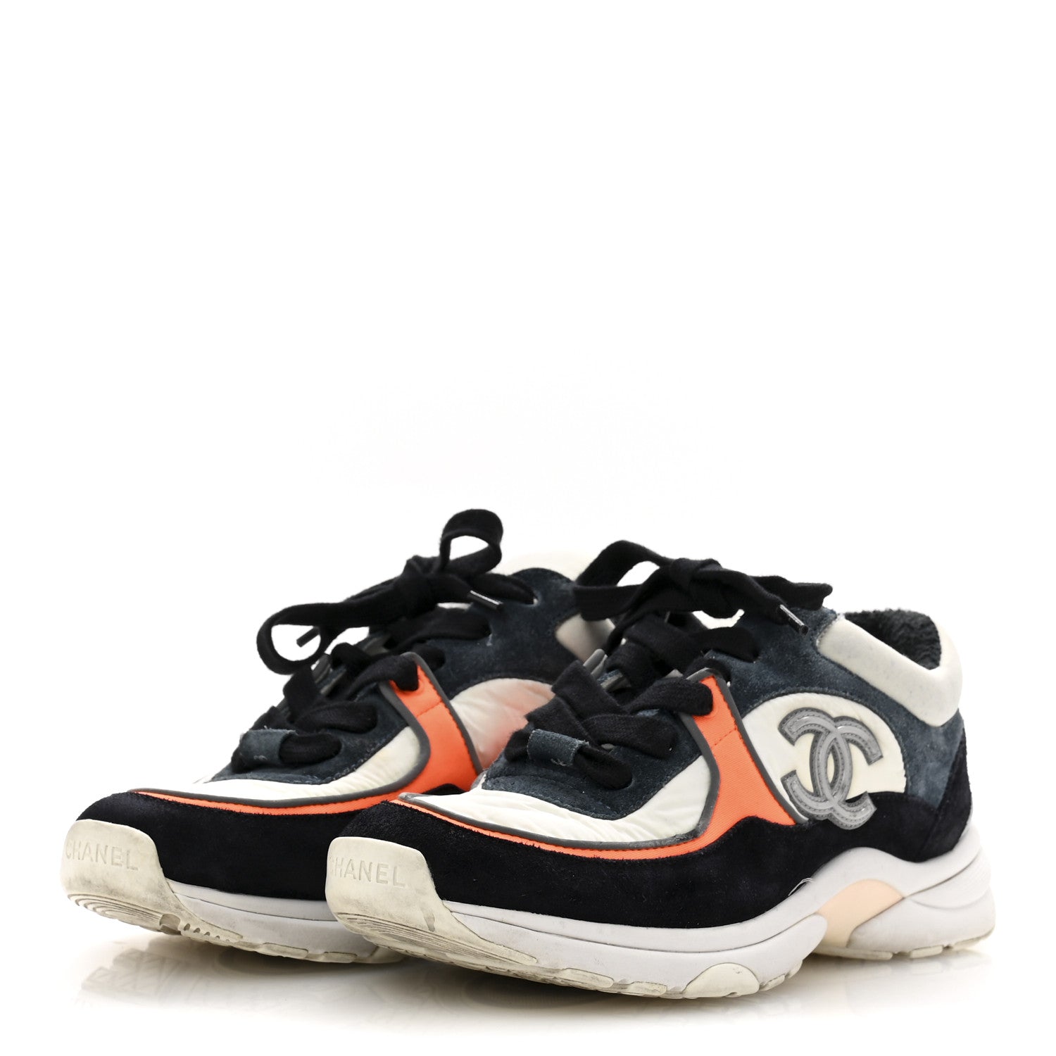 Nylon Calfskin Suede CC Womens Sneakers 35.5 Navy White Orange