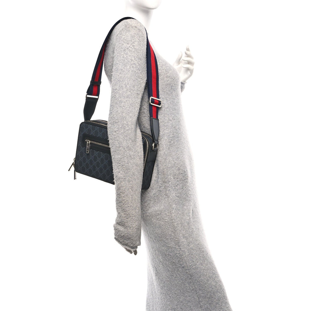 Gucci GG Supreme Monogram Calfskin Web Medium Messenger Bag Black Grey