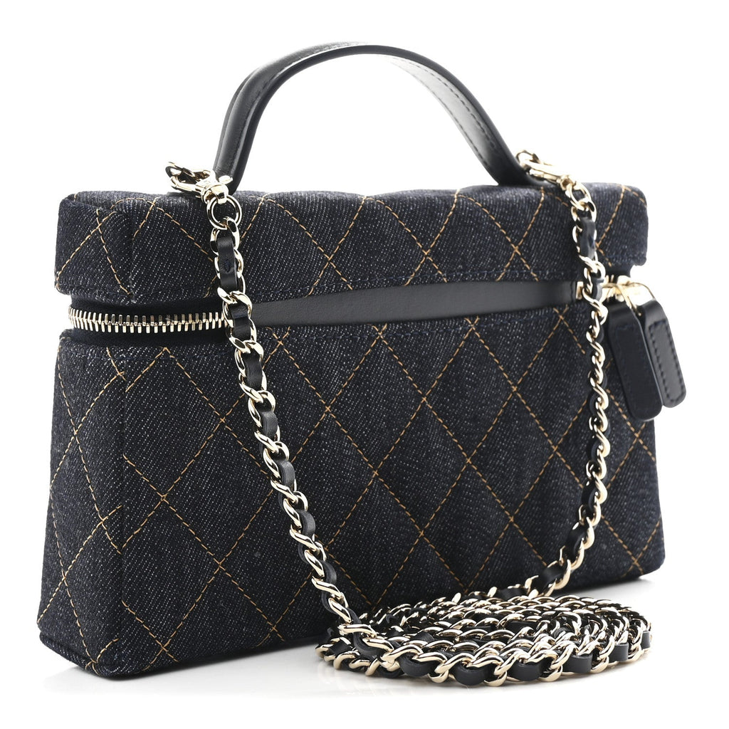 Chanel Denim Quilted Top Handle Slim Vanity Case With Chain Dark Blue Orange