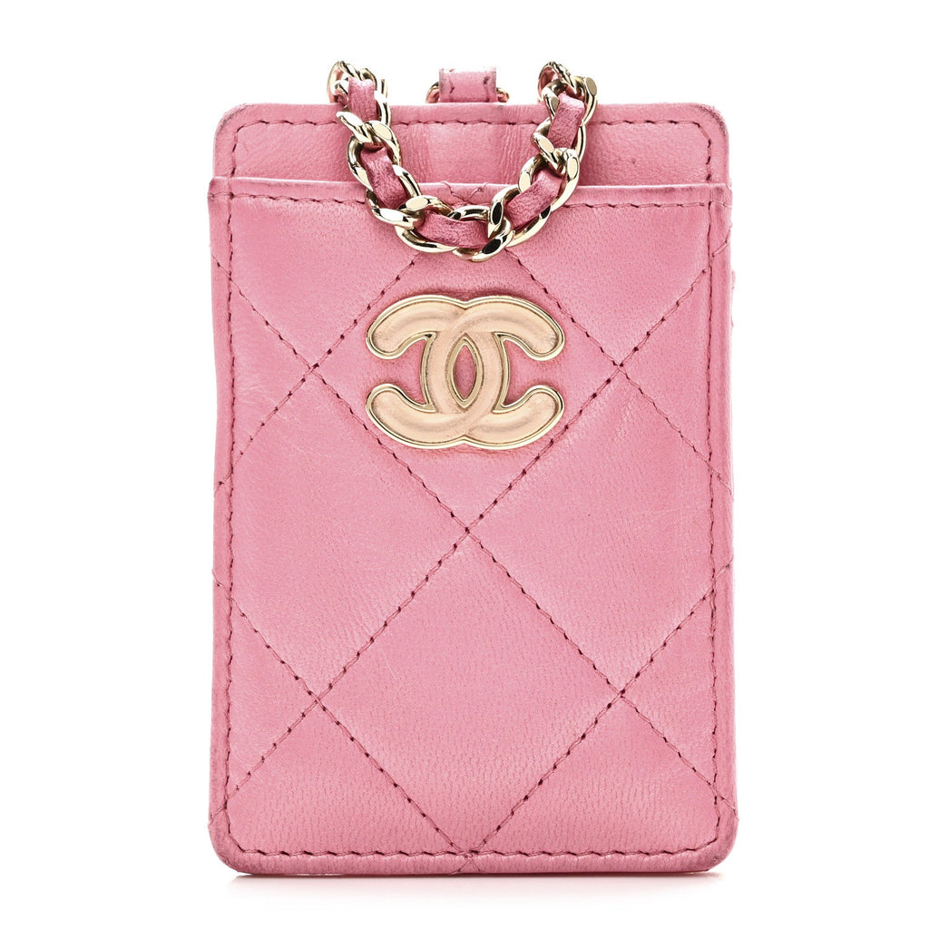 Lambskin Quilted Enamel Chanel Card Holder On Chain Pink