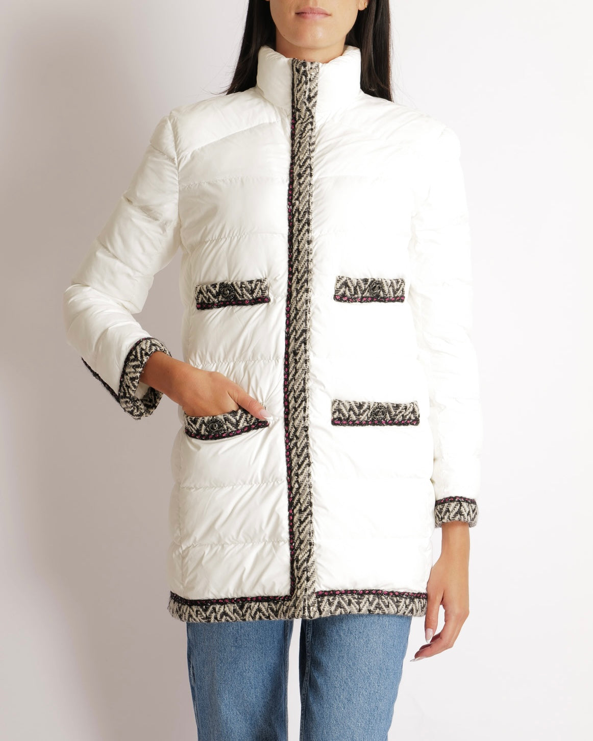 Chanel Fall Winter 2018 White Puffer Coat with Black and White Tweed Trims with Metallic Pink Details and Silver and Black CC Logo Buttons Size FR 38 (UK 10)