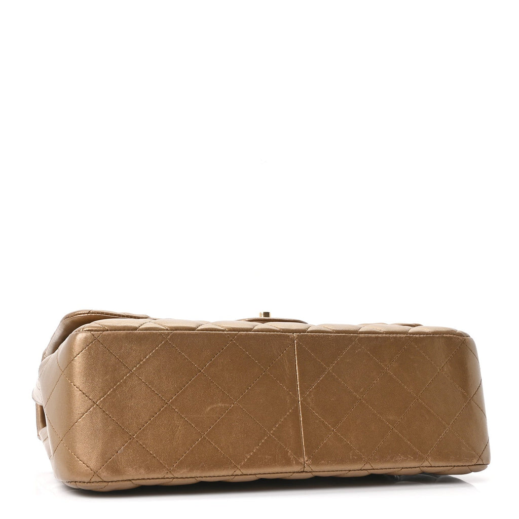 Chanel Metallic Lambskin Quilted Jumbo Double Flap Khaki