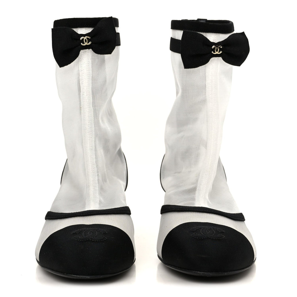 Mesh Grosgrain CC Cap Toe Ankle Boots 40 White Black