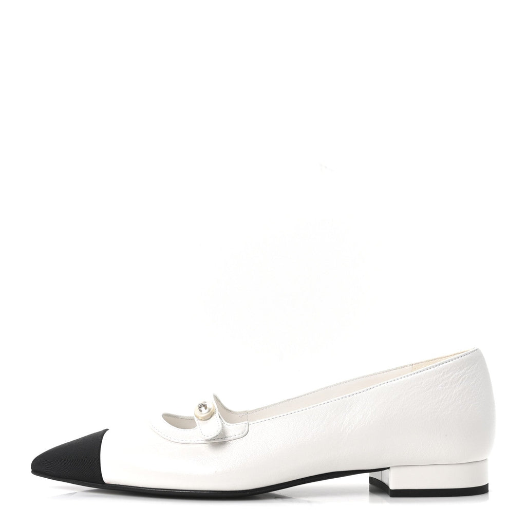 Chanel Shiny Lambskin Grosgrain Pearl Mary Janes Flats 37.5 White Black