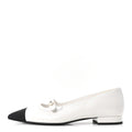 Chanel Shiny Lambskin Grosgrain Pearl Mary Janes Flats 37.5 White Black