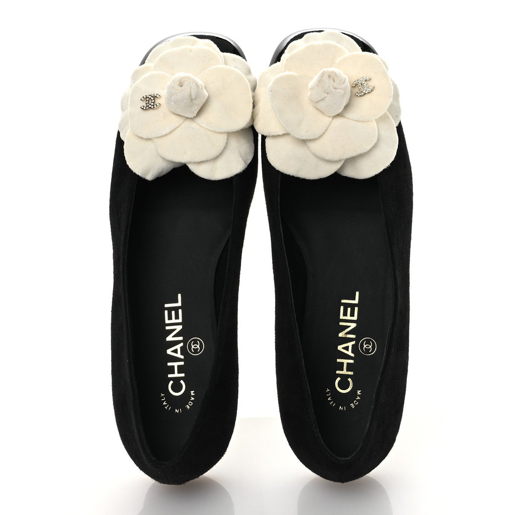 Chanel Suede Patent Cap Toe Camellia Ballerina Flats 36.5 Black White