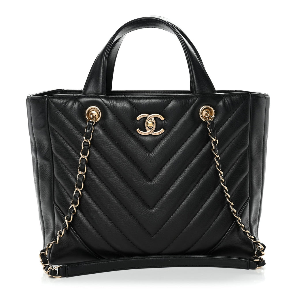 Chanel Calfskin Chevron Quilted Statement Shopping Tote Black