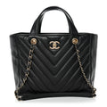 Chanel Calfskin Chevron Quilted Statement Shopping Tote Black