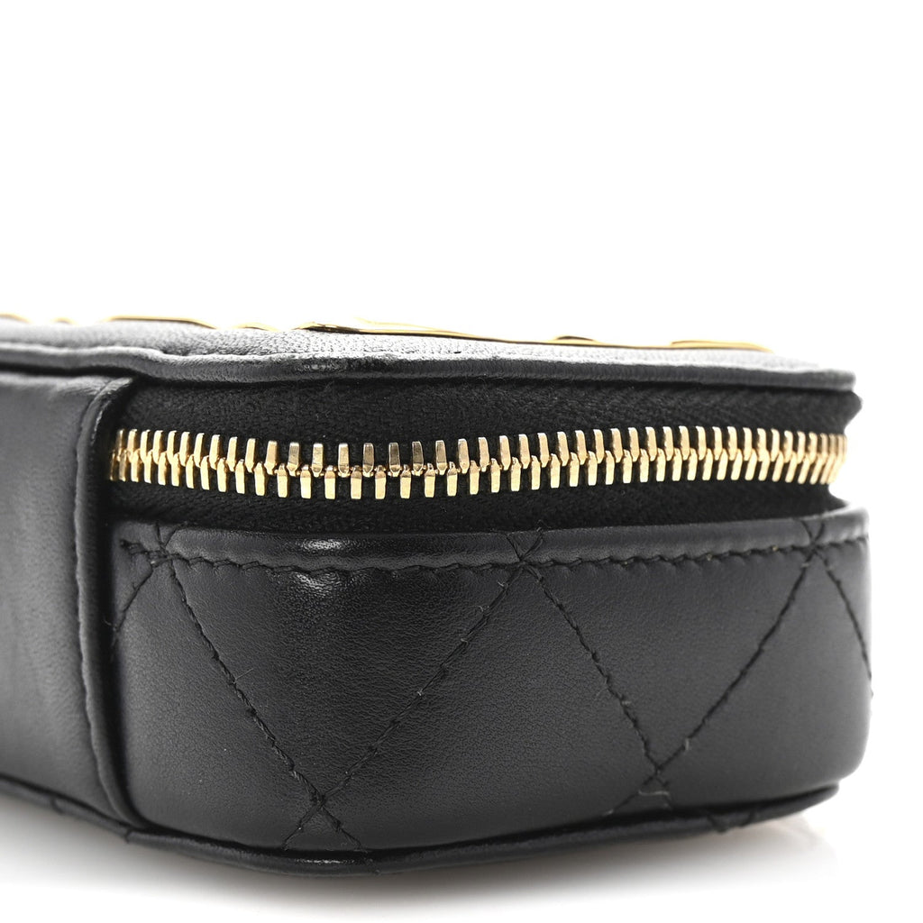 Chanel Lambskin Metal Quilted Extra Mini Vanity Case With Chain Black Gold