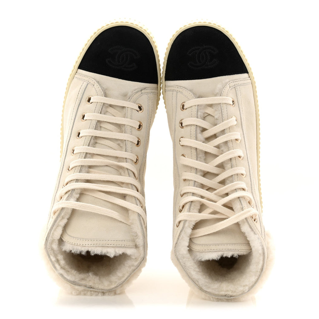 Kid Suede Shearling Sheepskin Lace Up Boots 38 Ivory White Black