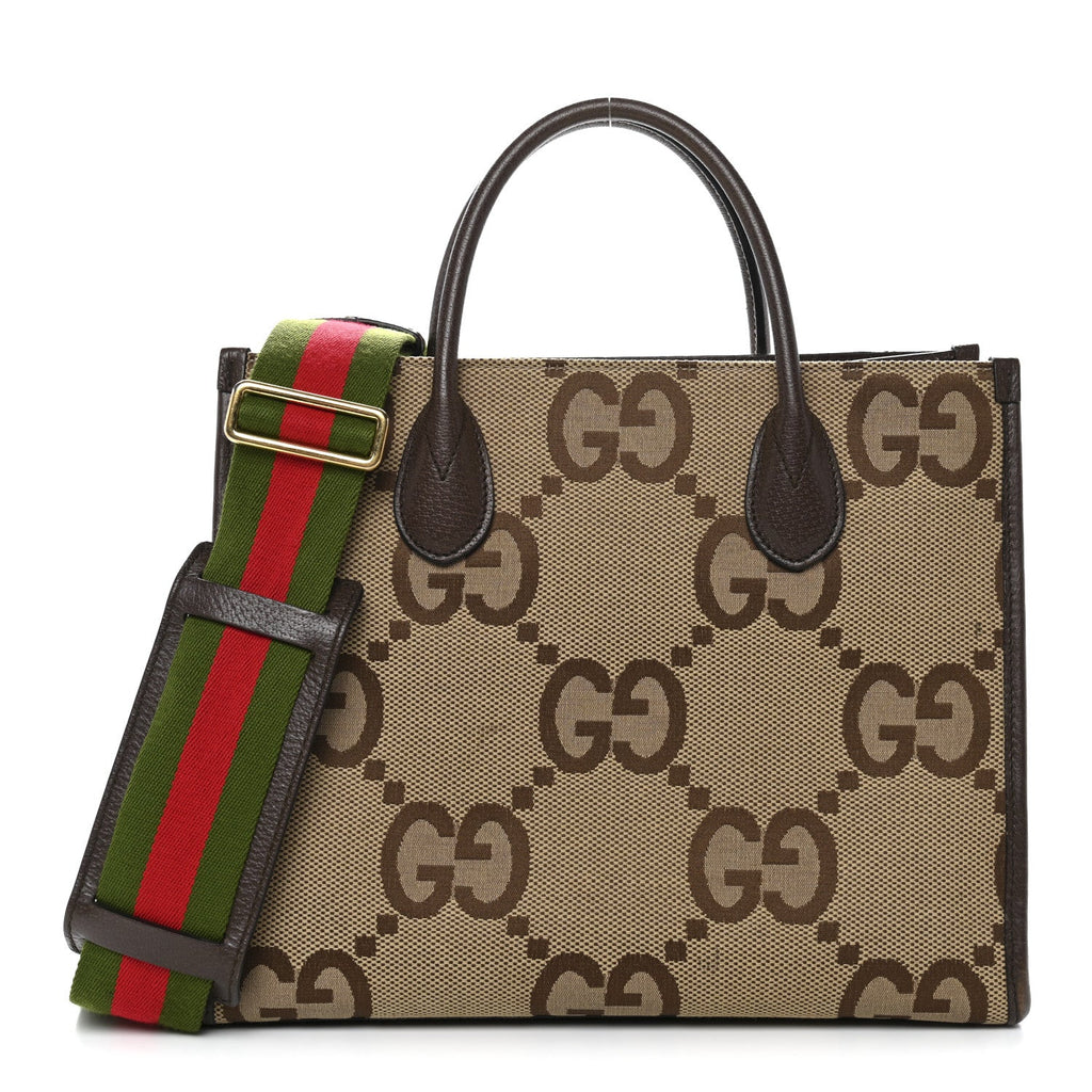 Gucci Monogram Jumbo GG Textured Dollar Calfskin Web Small Tote Bag Camel Ebony New Acero