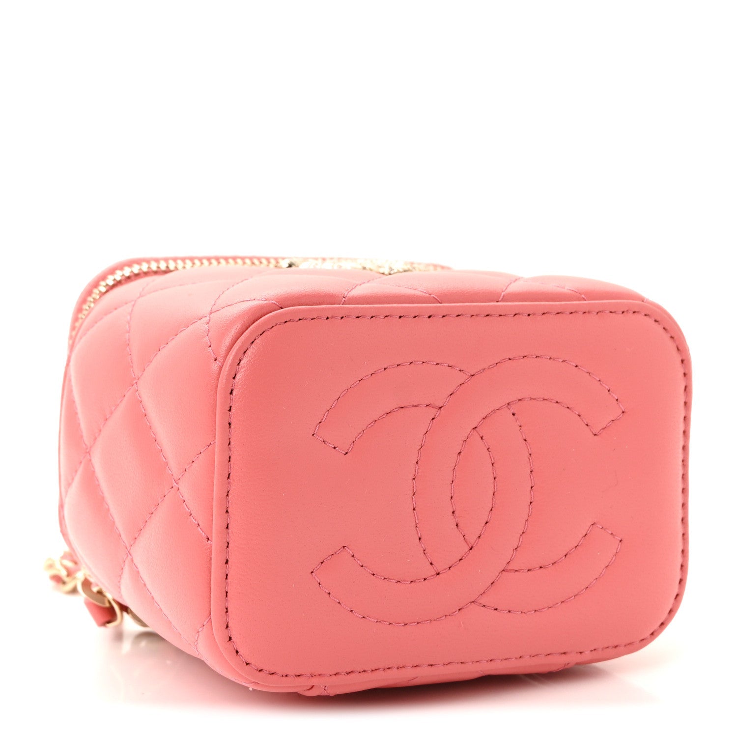 Chanel Lambskin Quilted Crystal Top Handle Mini Vanity Case With Chain Coral