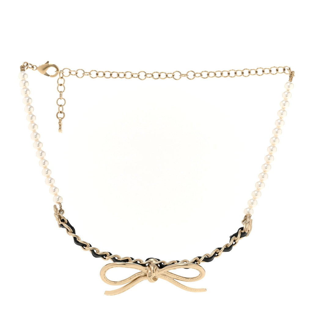 Pearl Lambskin CC Chain Bow Choker Gold Black White