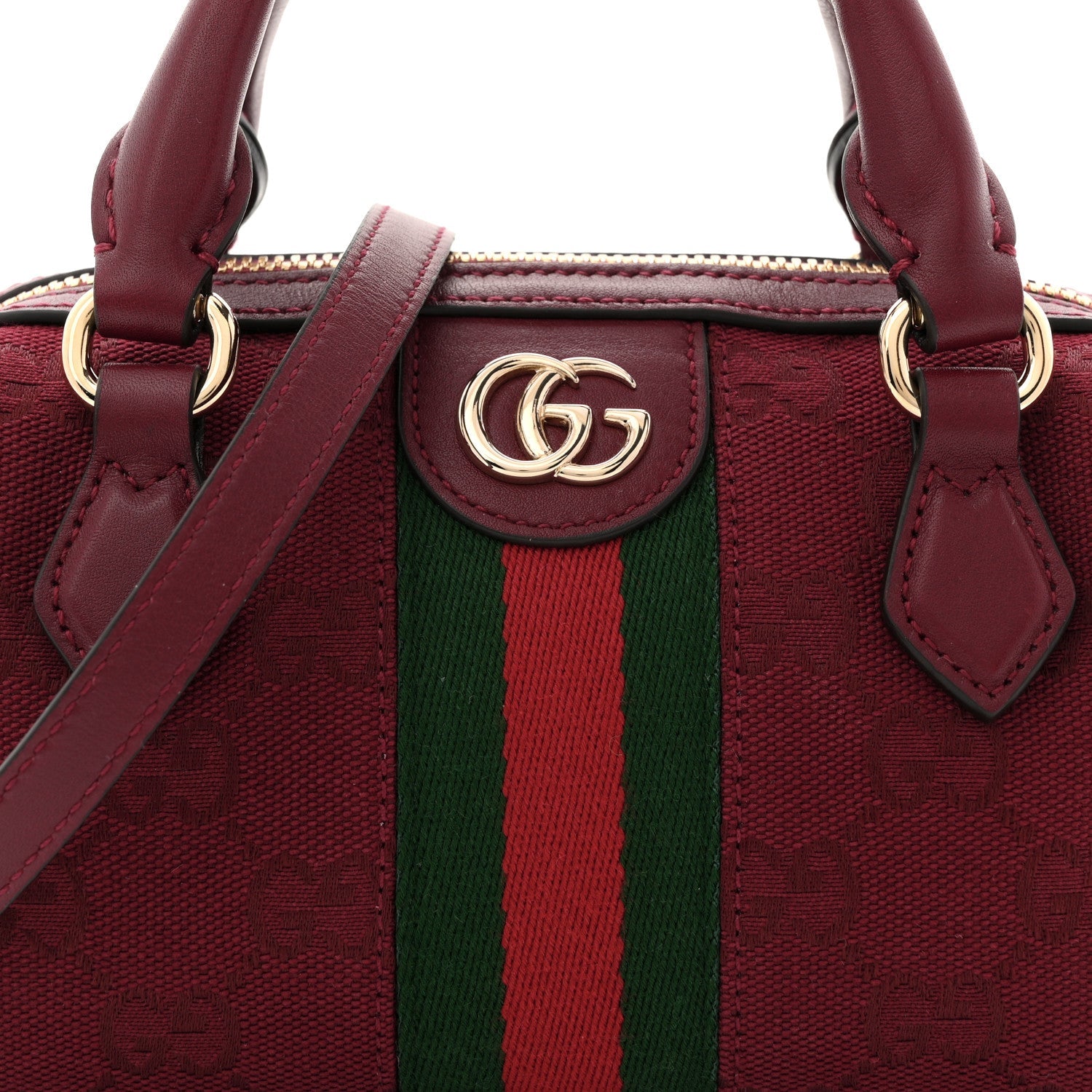 Gucci GG Supreme Monogram Textured Dollar Calfskin Web Super Mini Ophidia Top Handle Bowler Bag Rosso Ancora