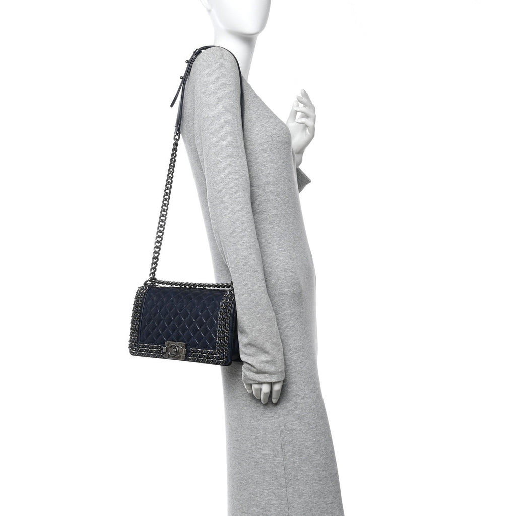 Chanel Glazed Calfskin Quilted Medium Boy Chained Flap Blue